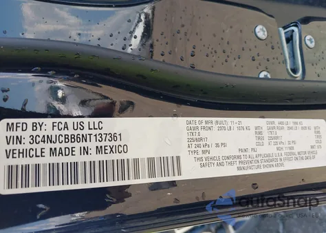 2022 Jeep Compass Latitude Fwd из США, поврежденный, VIN 3C4NJCBB6NT137361